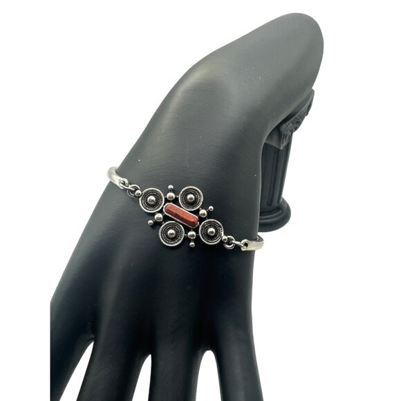 Silver Bangle Bracelet With Intricate Ornamental Design & Adjustable Chain - Picture 2 of 5